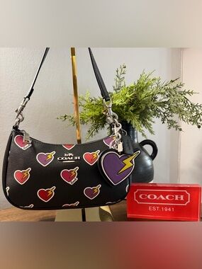 Coach Terri Heart Bolt Print Bag with Purple Heart Key Charm (NWT)
